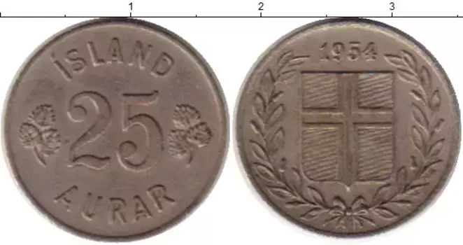 Монета 25 аурар Исландии 1954 года Медно-никель