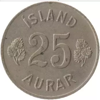 Монета 25 аурар Исландии 1954 года Медно-никель