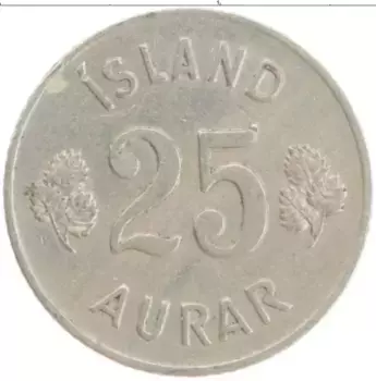 Монета 25 аурар Исландии 1954 года Медно-никель