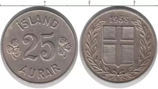 Монета 25 аурар Исландии 1958 года Медно-никель