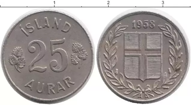 Монета 25 аурар Исландии 1958 года Медно-никель