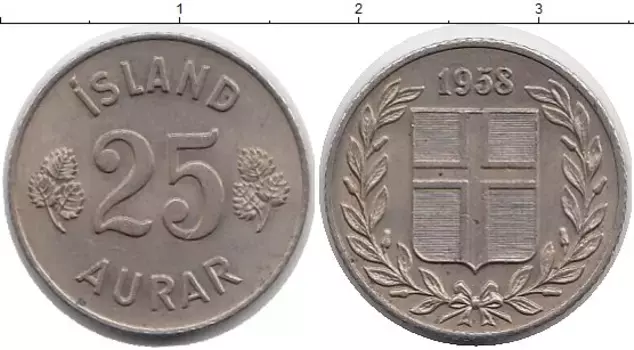 Монета 25 аурар Исландии 1958 года Медно-никель