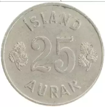 Монета 25 аурар Исландии 1960 года Медно-никель