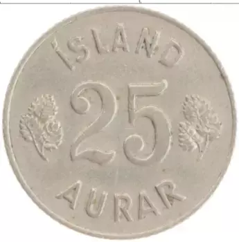 Монета 25 аурар Исландии 1961 года Медно-никель