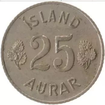 Монета 25 аурар Исландии 1963 года Медно-никель