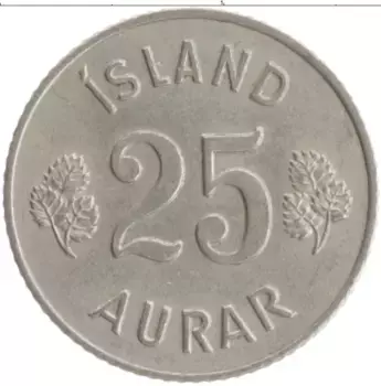Монета 25 аурар Исландии 1963 года Медно-никель