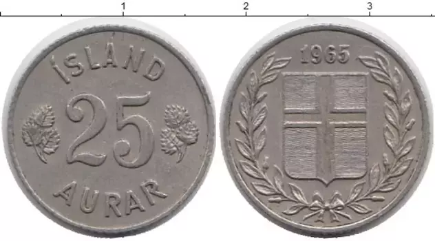 Монета 25 аурар Исландии 1965 года Медно-никель