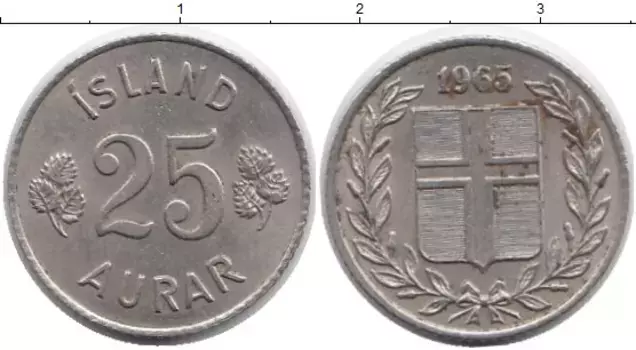 Монета 25 аурар Исландии 1965 года Медно-никель