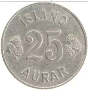 Монета 25 аурар Исландии 1965 года Медно-никель