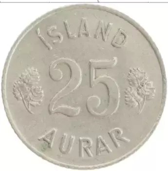Монета 25 аурар Исландии 1965 года Медно-никель