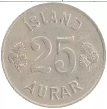 Монета 25 аурар Исландии 1965 года Медно-никель