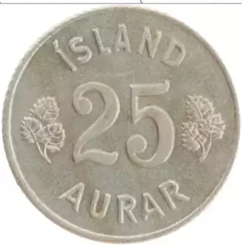 Монета 25 аурар Исландии 1966 года Медно-никель