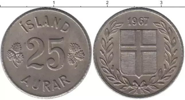 Монета 25 аурар Исландии 1967 года Медно-никель