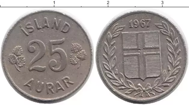 Монета 25 аурар Исландии 1967 года Медно-никель