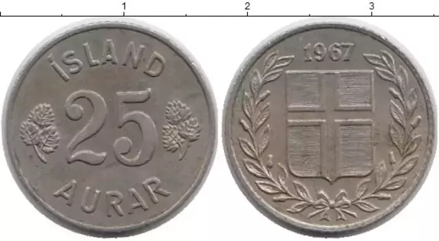 Монета 25 аурар Исландии 1967 года Медно-никель Кристиан Х