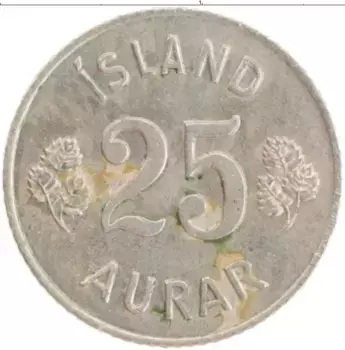 Монета 25 аурар Исландии 1967 года Медно-никель