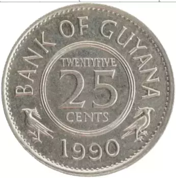 Монета 25 центов Гайаны 1990 года Медно-никель