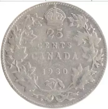 Монета 25 центов Канады 1930 года Серебро Георг V