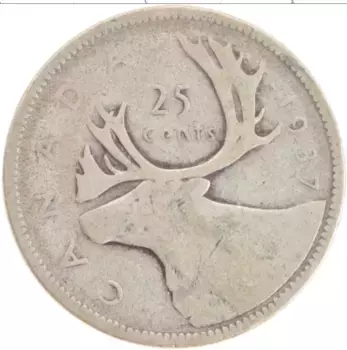 Монета 25 центов Канады 1937 года Серебро Георг VI