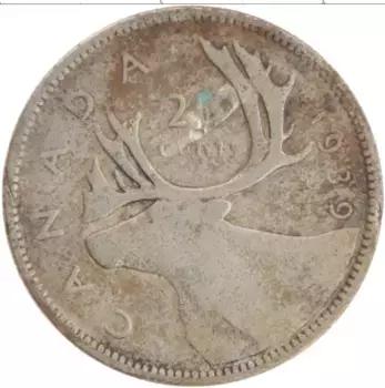 Монета 25 центов Канады 1939 года Серебро Георг VI