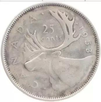 Монета 25 центов Канады 1953 года Серебро Северный олень