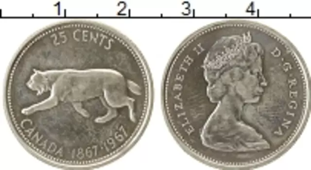 Монета 25 центов Канады 1967 года Серебро 100 лет Конфедерации