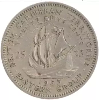 Монета 25 центов Кариб 1955 года Медно-никель Елизавета II