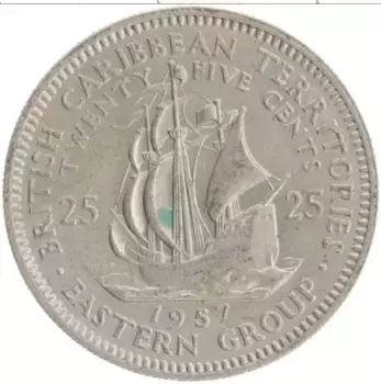 Монета 25 центов Кариб 1957 года Медно-никель Елизавета II