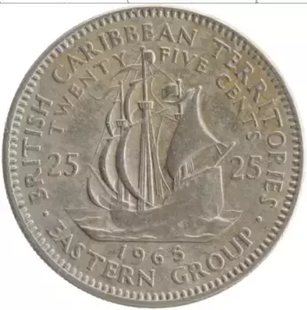 Монета 25 центов Кариб 1965 года Медно-никель Елизавета II