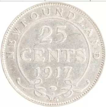 Монета 25 центов Ньюфаундленда 1917 года Серебро Георг V