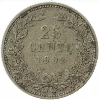 Монета 25 центов Нидерланд 1902 года Серебро Вильгельмина