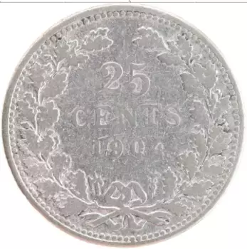 Монета 25 центов Нидерланд 1904 года Серебро Вильгельмина