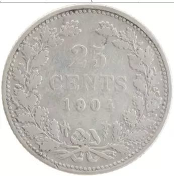Монета 25 центов Нидерланд 1904 года Серебро Вильгельмина