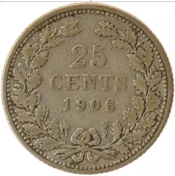 Монета 25 центов Нидерланд 1906 года Серебро Вильгельмина
