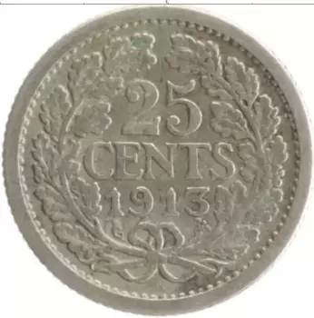 Монета 25 центов Нидерланд 1913 года Серебро Вильгельмина