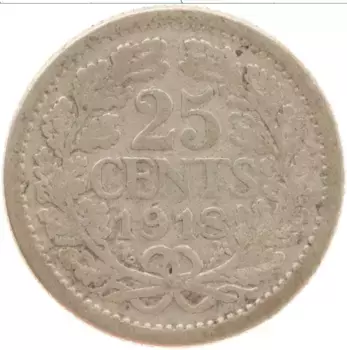Монета 25 центов Нидерланд 1918 года Серебро Вильгельмина