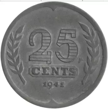 Монета 25 центов Нидерланд 1941 года Цинк