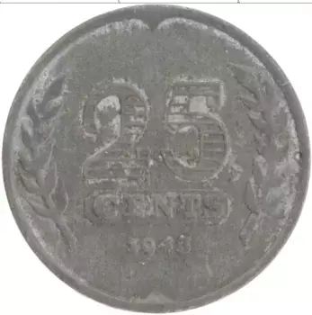 Монета 25 центов Нидерланд 1943 года Цинк