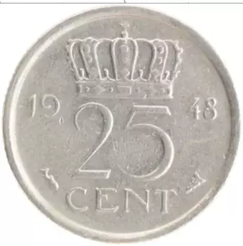 Монета 25 центов Нидерланд 1948 года Медно-никель Вильгельмина