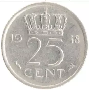 Монета 25 центов Нидерланд 1948 года Медно-никель Вильгельмина