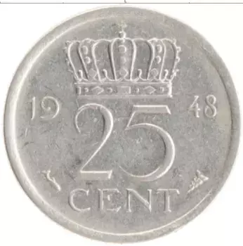 Монета 25 центов Нидерланд 1948 года Медно-никель Вильгельмина