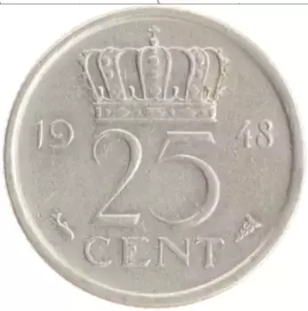 Монета 25 центов Нидерланд 1948 года Медно-никель Вильгельмина