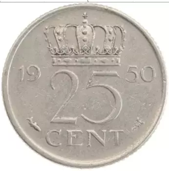 Монета 25 центов Нидерланд 1950 года Медно-никель Юлиана
