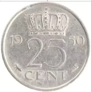 Монета 25 центов Нидерланд 1950 года Медно-никель Юлиана
