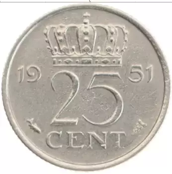 Монета 25 центов Нидерланд 1951 года Медно-никель Юлиана