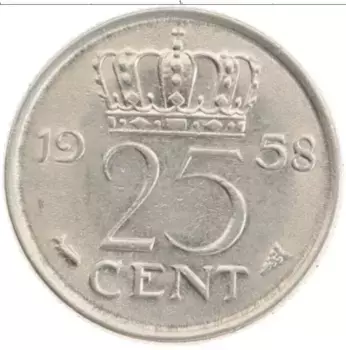 Монета 25 центов Нидерланд 1958 года Медно-никель Юлиана