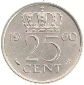 Монета 25 центов Нидерланд 1960 года Медно-никель Юлиана
