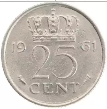 Монета 25 центов Нидерланд 1961 года Медно-никель Юлиана