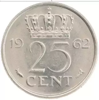 Монета 25 центов Нидерланд 1962 года Медно-никель Юлиана