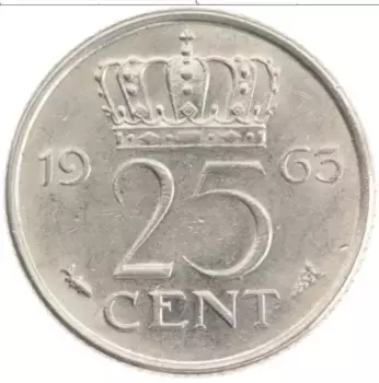 Монета 25 центов Нидерланд 1963 года Медно-никель Юлиана